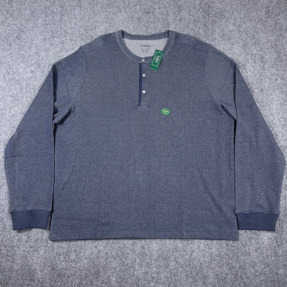 NWT L.L. Bean Waffle Knit Henley Mens XL Blue Classic Navy Heather